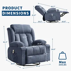 Oversized 360° Swivel Rocker Recliner Chair with Heat, Massage, USB Charge Port, Cup Holders, Side Pockets and Remote Control for Big and Tall Adults - Blue Electric Glider Reclining Outdoor Furniture