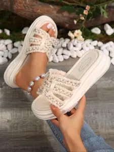 Women's Fashionable Faux Pearls Decorated Slip on Sandals, Casual Comfortable Platform Sandals for Summer, Lightweight Breathable Shoes for Daily Wear