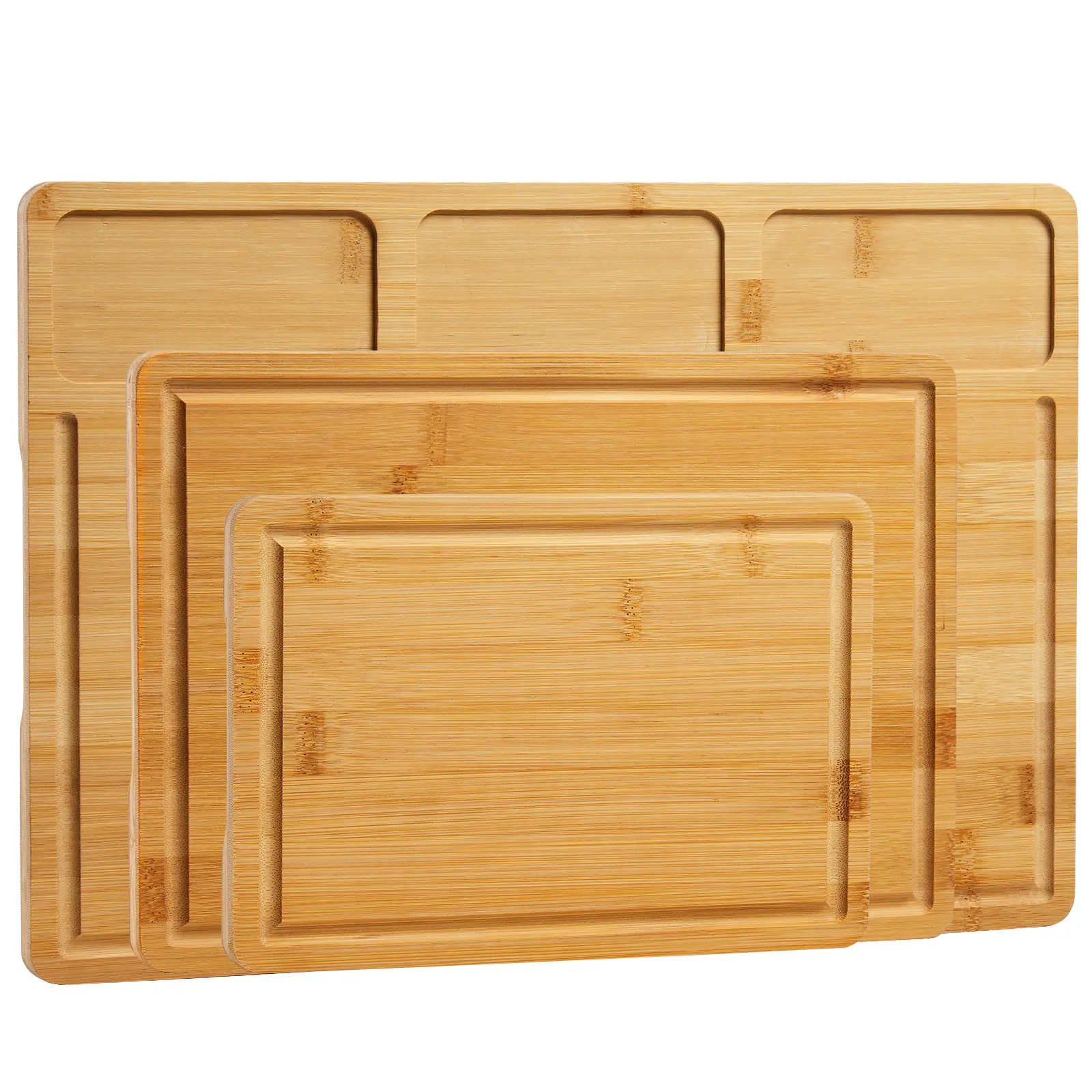 Superior Bamboo Cutting Board Set, 3-Piece Durable Kitchen Chopping Boards with Deep Juice Grooves, Built-In Handles, Compartments, Multi-Size Prep Slots, Ideal for Meat, Vegetables, Fruit and Cheese