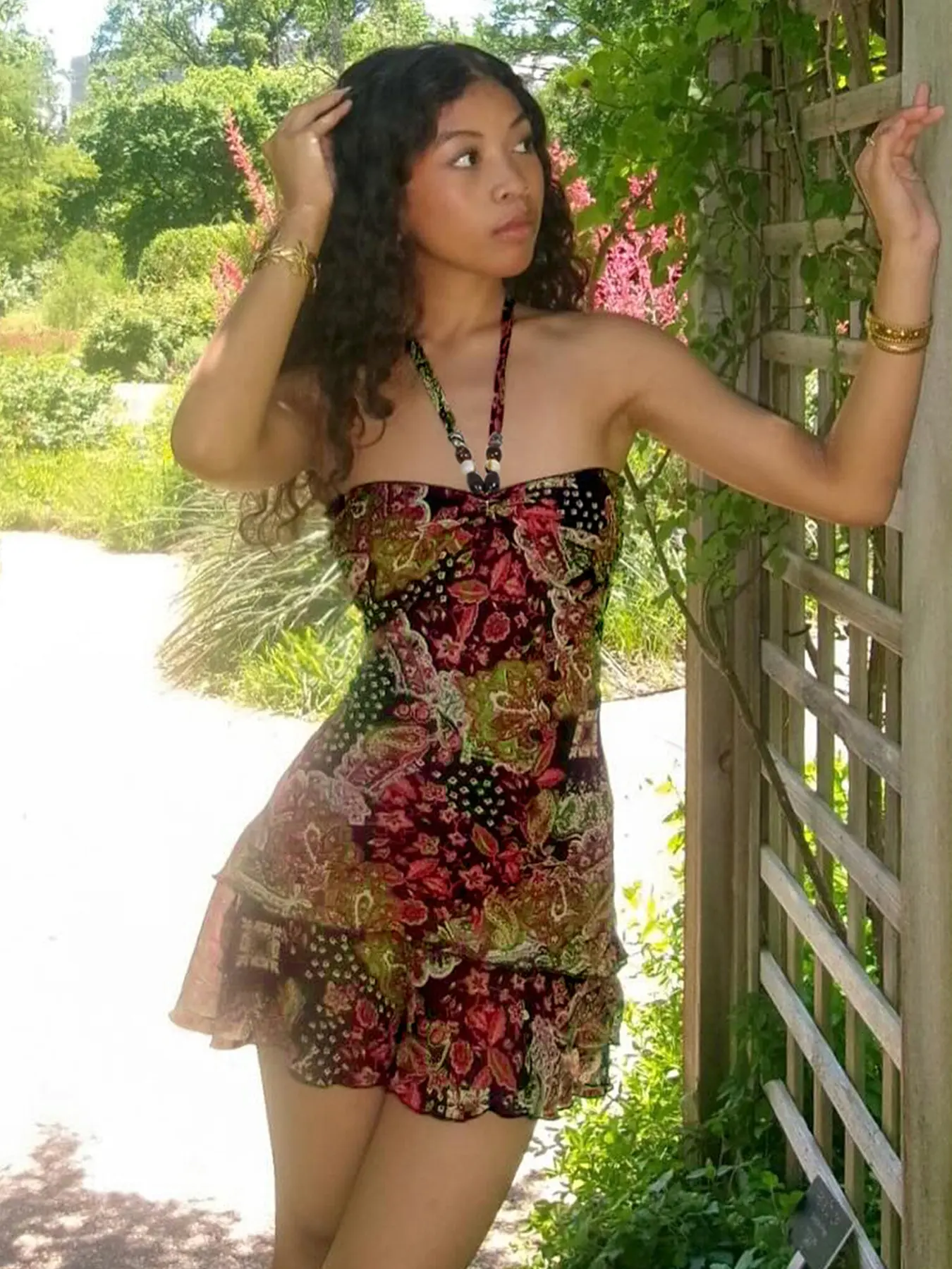 Bohemian Print Dress with Beaded Halter Neck, Ethnic Style Casual Summer  Short Dress, Slim-Fitting Vintage Fashion for Women - TikTok Shop