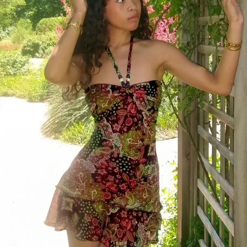 Bohemian Graphic Print Dress with Beaded Halter Neck, Ethnic Chic Boho Casual Wear Summer Short Dress, Boho Vintage Dresses, Slim-Fitting Vintage Womenswear, Casual Sleeveless, Bohemian Sun Dress, Boho Style Dress