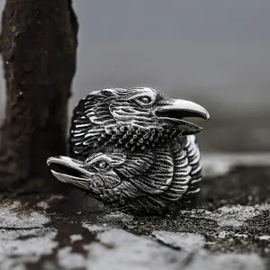 GTHIC Stainless Steel Viking Double Raven Head Ring For Men Women Retro Punk Odin's Crows Amulet Animal Ring