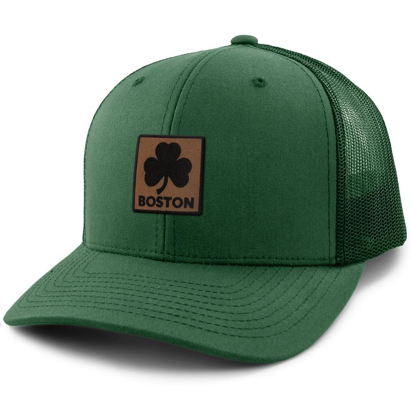 Boston Shamrock Leather Patch Classic Snapback Trucker Hat