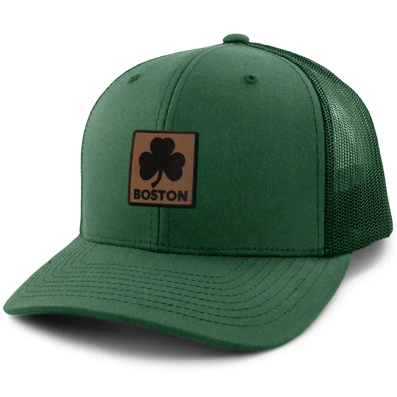 Boston Shamrock Leather Patch Classic Snapback Trucker Hat
