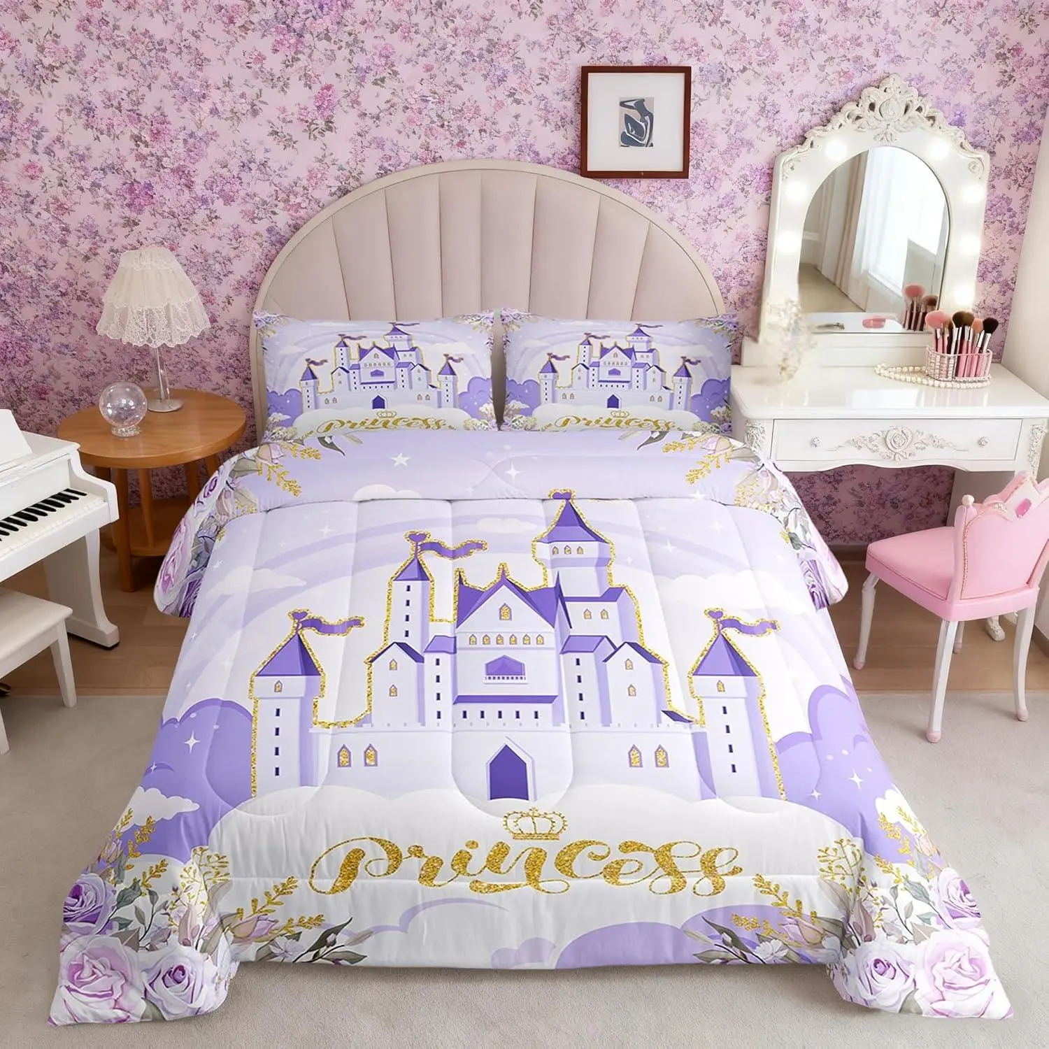 Princess Comforter Set,Purple Castle Dreamy Bedding Set for Kids Girls Kawaii Decor,Garden Flowers Fairy Tale Theme Princess Cute Comforter for All Seasons
