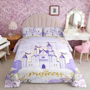 Princess Comforter Set,Purple Castle Dreamy Bedding Set for Kids Girls Kawaii Decor,Garden Flowers Fairy Tale Theme Princess Cute Comforter for All Seasons