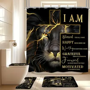 4 Pcs Gold Cross and Lion Shower Curtain Set with Rugs and Toilet Lid Cover, Black Gold Lion Shower Curtain Waterproof Bathroom Set, Inspirational Quotes Shower Curtain Bathroom Decor Set Accessories, Bathroom Decoration Accessories
