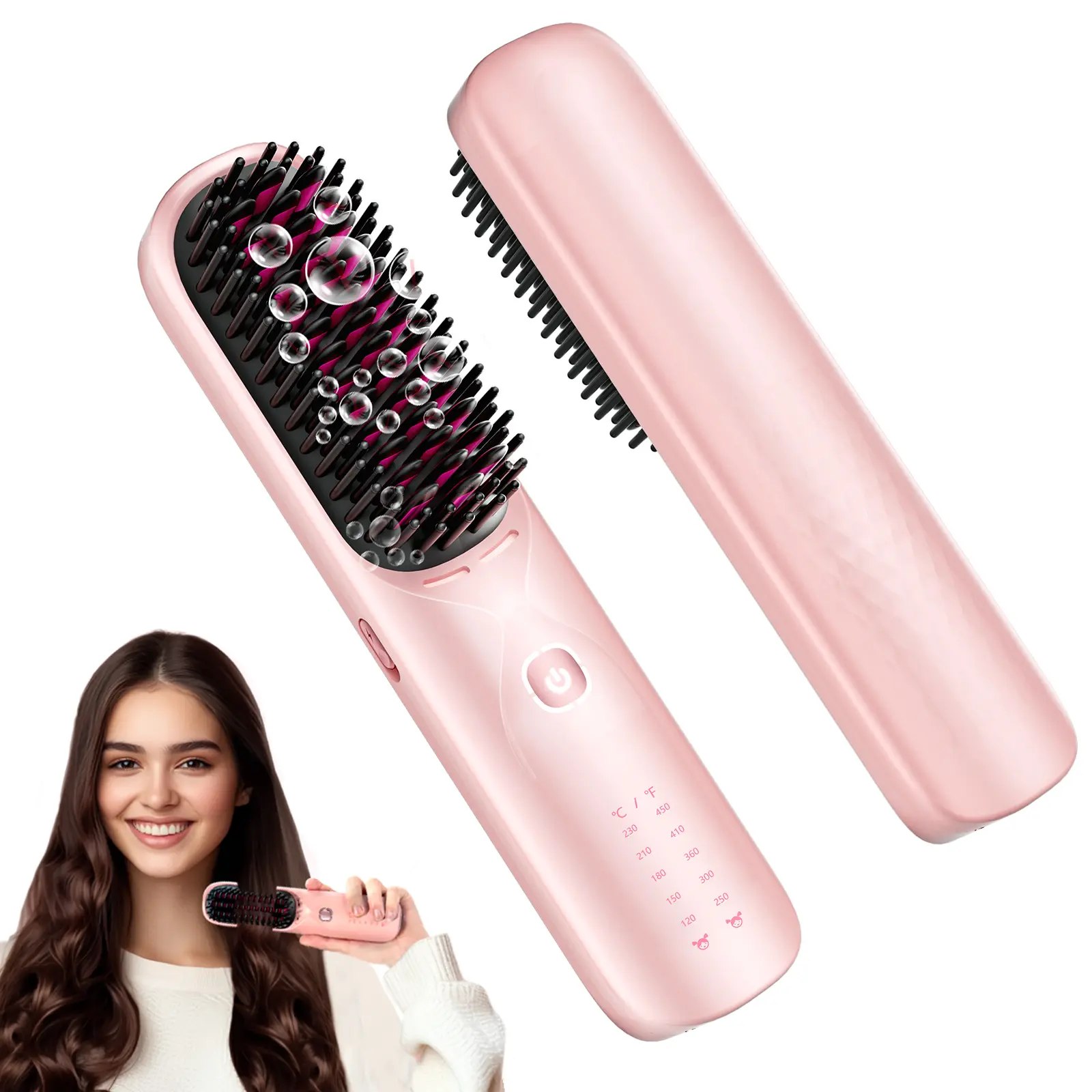 Bopcal Cordless Hair Straightener Comb with Phone Charging - Portable Travel Styling Tool for Women, 10000mAh Battery, 30s Fast Heat, 300M Negative Ions, 6 Temp Settings, Dual Mode, Pink Thermal Brush & 3D Scalp-Protecting Bristles