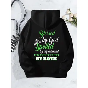 Blessed by God Spoiled by My Husband Print Hoodie - Women's Long Sleeve Graphic Hooded Sweatshirt with Religious Design for Christmas Gift Tops Womenswear Black Casual Fitted