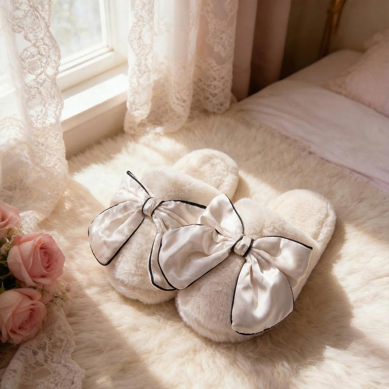 Classic Bow Accent Plush Slippers for Women | Soft Fuzzy Home Footwear | Cozy Gift for Her