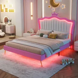 Full Size Upholstered Platform Bed Frame and Cute Princess Bed Frame for Girls, Kids: Adjustable Crown Headboard and LED Lights, No Box Spring Needed, Wooden Slats Support (Full) Furniture Storage Modern Interior