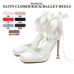 CYNLLIO Womens Satin Ballet Heels Closed-Back Pumps Bownot Ribbon Closed Square Toe Elegant Lace Up Ballerina Stiletto Heel Ankle Strappy Mary Janes Slip On Comfy Wedding Party Casual Work Dating Fashionable Dress Spring Graduation Heels Shoe
