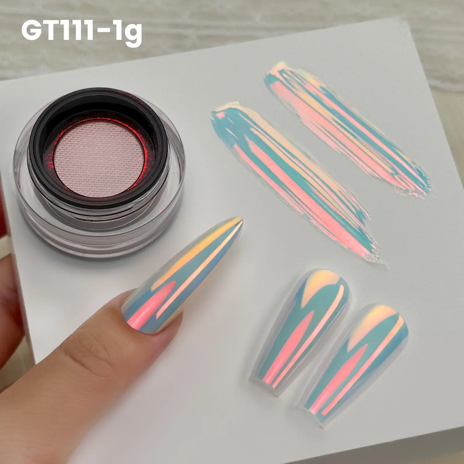 YOKEFELLOW GleamTap Cushion Aurora Chrome Nail Powder 1g GT111 Afterglow/Purple Blue with Coral Sheen Nail Chrome Powder Magic Mirror Effect Super Shine Aurora Metallic Chrome Powder Mirror Powder Nail Art Glitter Decoration for Home DIY Salon Manicure