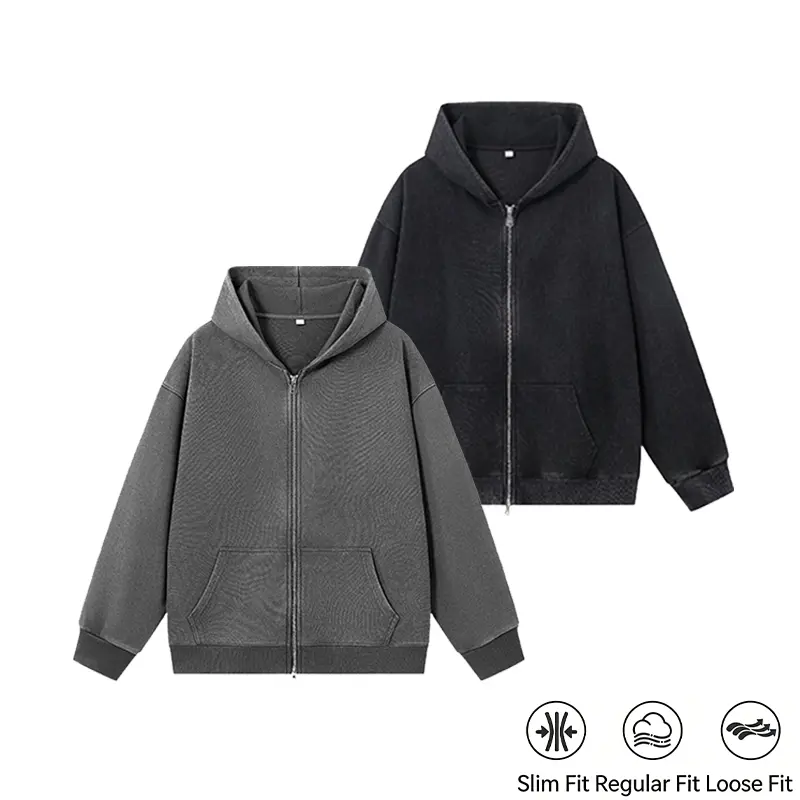 Men's Acid Wash Style Cotton-Elastane Blend Long Sleeve Loose-Fit Plain Full Zip-Up Hoodie with Kangaroo Pocket - Casual Streetwear Outerwear for Daily Wear, Cotton Men's Hoodies, Sweatshirts