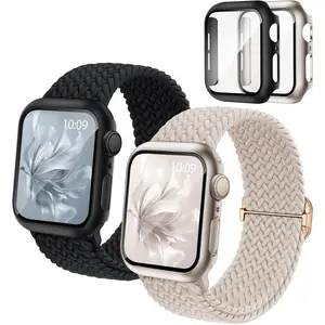 2 Pack Braided Stretchy Band Compatible with Apple Watch Bands and Case 40mm 41mm 42mm 44mm 45mm 46mm, Nylon Elastic Strap Protective Cover with Screen Protector for iWatch Series 11 10 9 8 7 SE 6 5 4