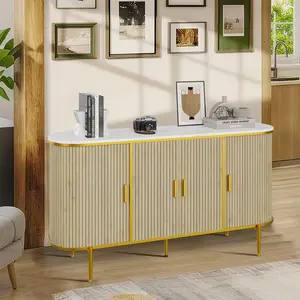 Stylish Mid-Century Fluted Dining Sideboard, Premium Faux Marble Surface & Metal Support Legs for Living Room Hall Storage