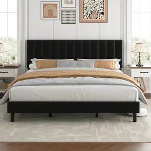 Garvee King Size Bed Frame, Velvet Upholstered Platform Bed with Adjustable Vertical Channel Tufted Headboard, No Box Spring Needed, Easy Assembly, Black