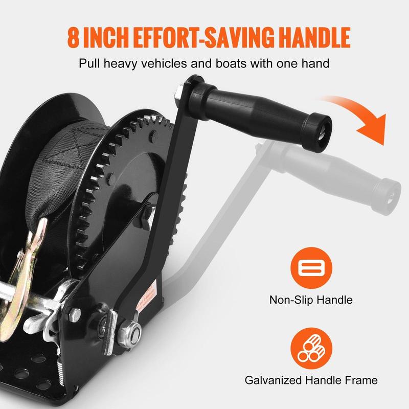 VEVOR Hand Winch, TikTokShopBlackFriday, 1600 lbs Pulling Capacity, Boat Trailer Winch Heavy Duty Rope Crank with 33 ft Polyester Strap and Two-Way Ratchet, Manual Operated Hand Crank Winch for Trailer, Boat or ATV Towing