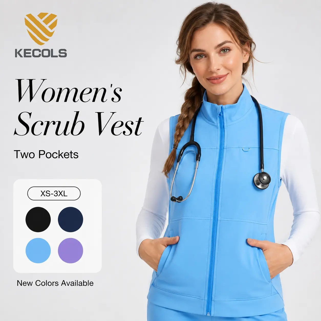 Kecols Women’s Scrub Vest, Lightweight Sleeveless Nurse Vest with Two Deep Pockets, Functional Medical Workwear Layer for Healthcare Professionals