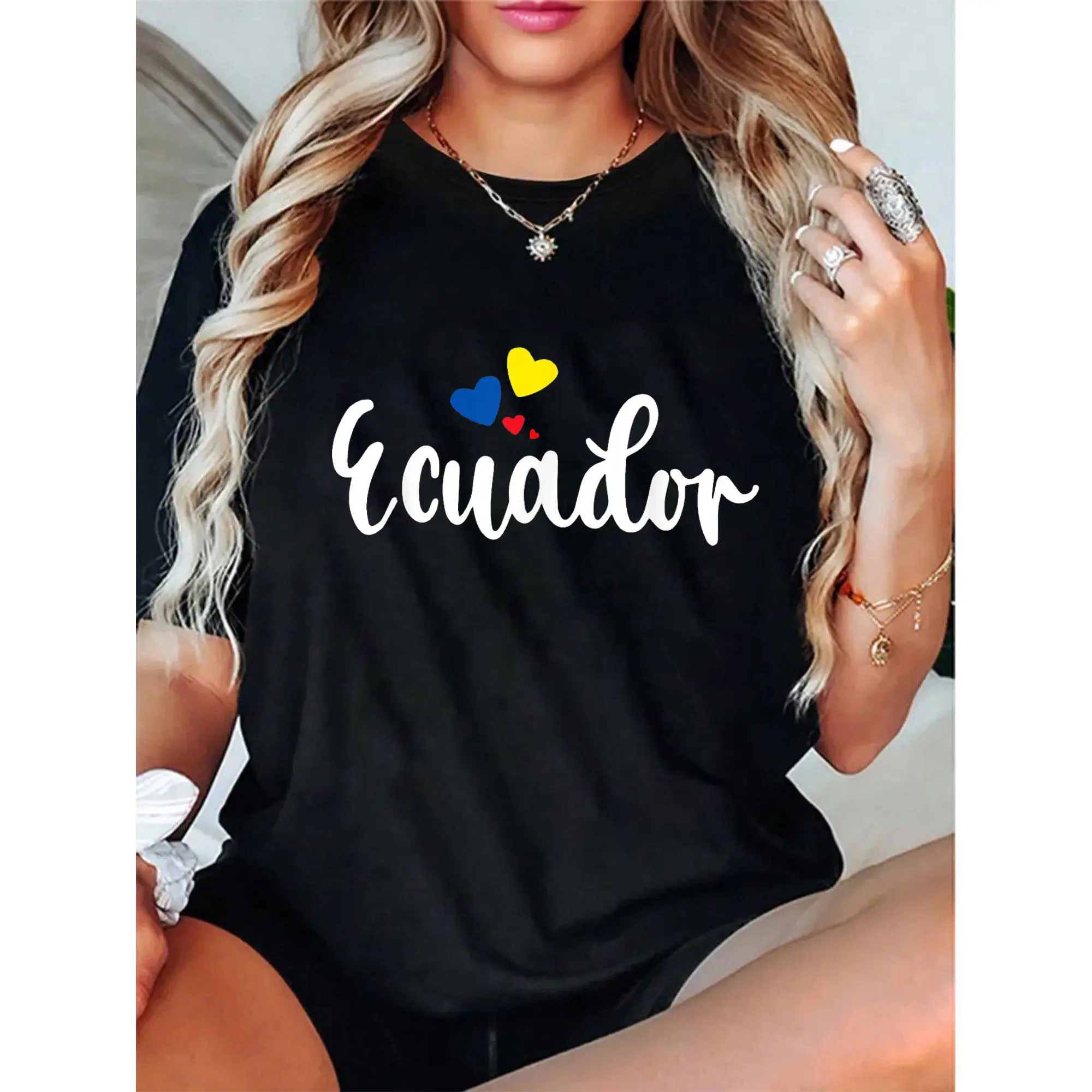 Women's 100% Cotton Comfortable Fabric Casual Tee Top Garment, Short Sleeve Crew Neck with Tropical Ecuadorian Pride Print for Vacation, Tshirts, Cold Wash, Shortsleeve, Fit, Lady, Round Neck, Casual Wear, Ecuador Pride, Cold Wash Safe, Flexible Fit