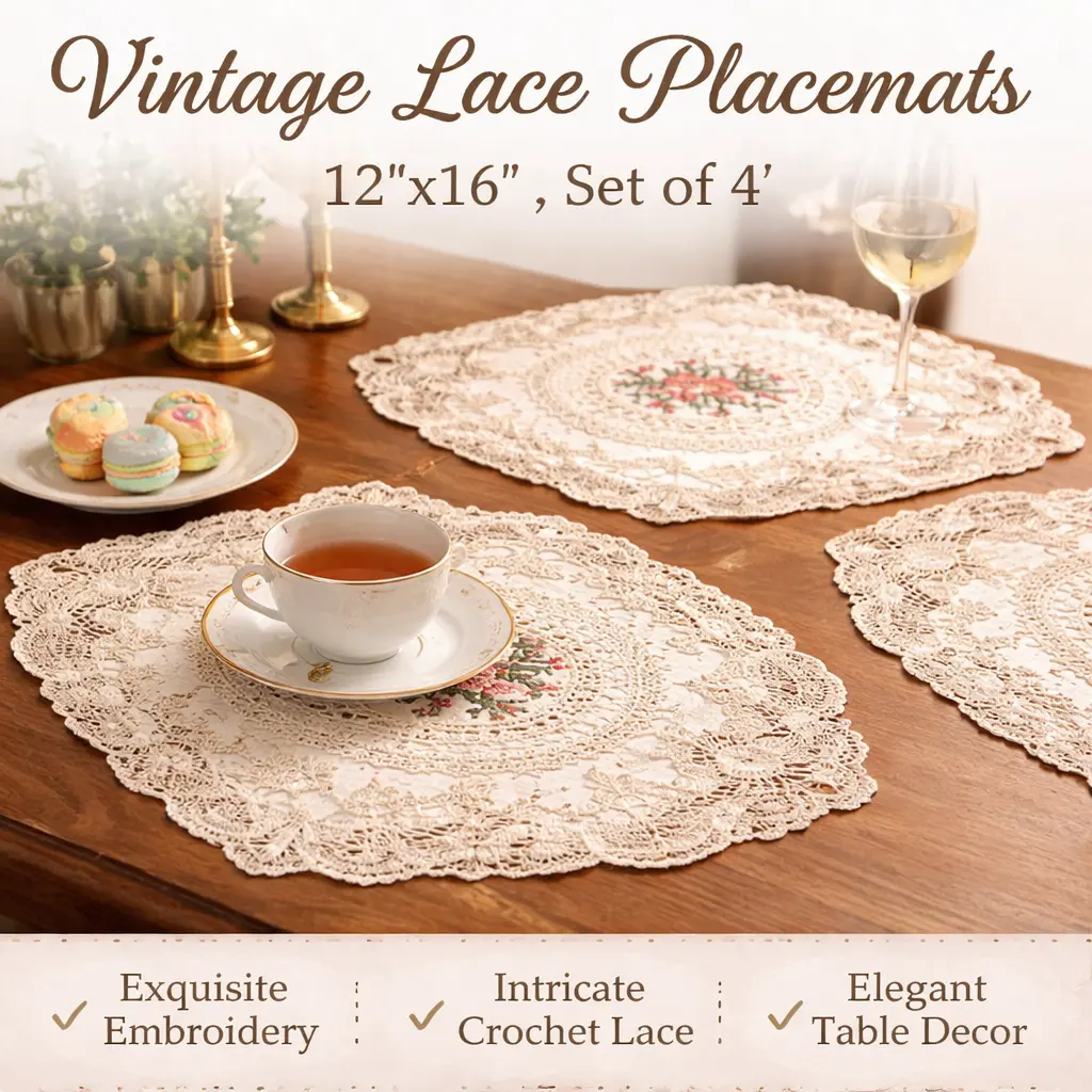 4-Pcs Handmade Crochet Placemats - 12x16 in Beige Retro Lace Embroidered Dining Table Mats, Ideal Kitchenware Home Decor Gift, 4Pcs