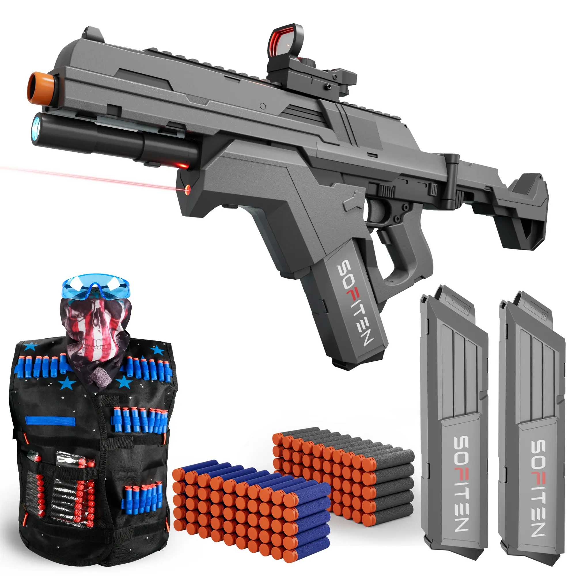 SOFITEN Toy Gun Automatic Sniper Rifle Tactical Vest Toy Foam Blaster with Flashlight Foldable Stock The Shooting Activity Game for Kids Age 8-12 Gifts for Birthday Xmas