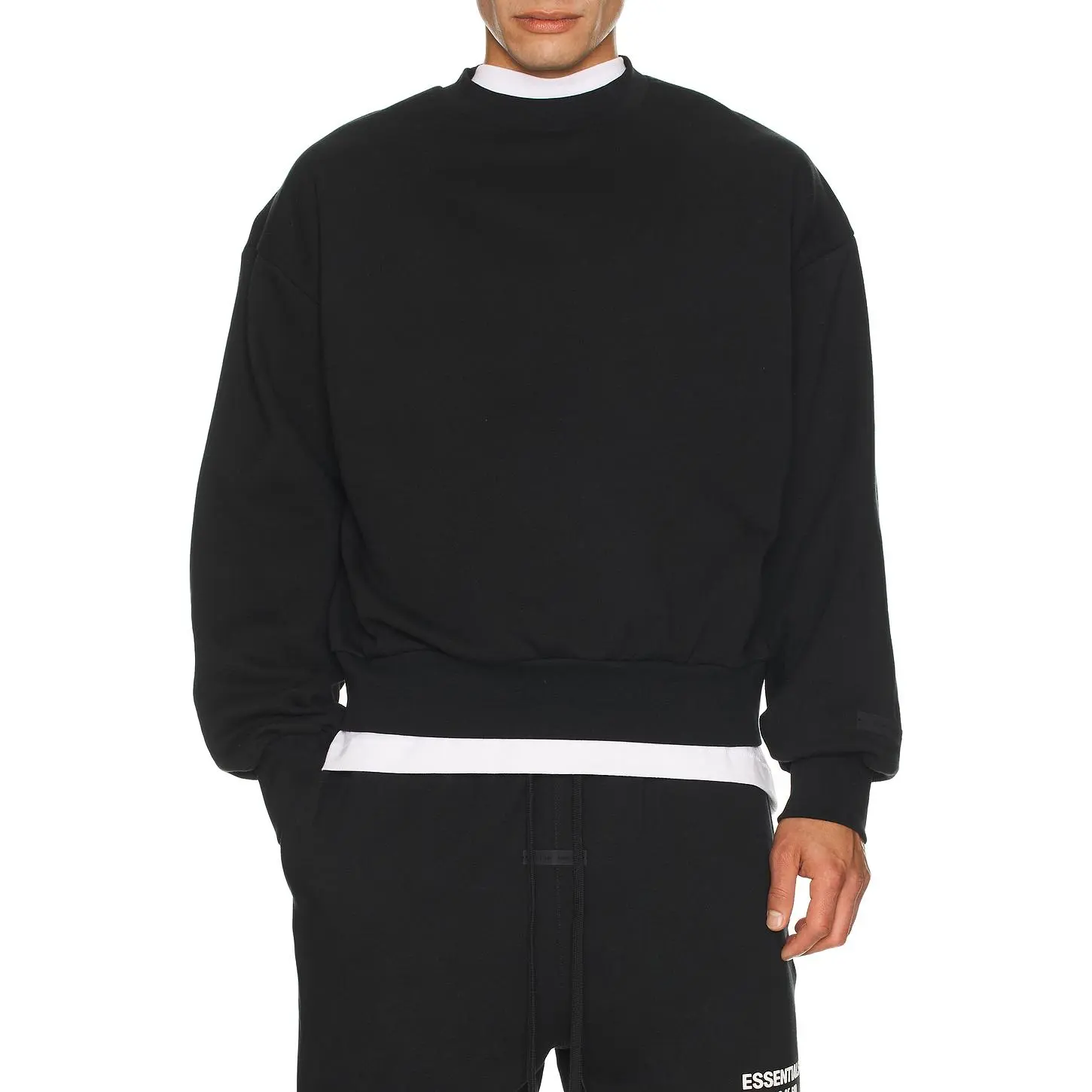 Fear of God ESSENTIALS Classic Fit Fleece Crew Neck Sweatshirt in Jet Black Fear of God ESSENTIALS Classic Fit Fleece Crew Neck Sweatshirt in Jet Black