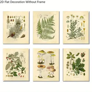 6pcs Frameless Vintage Botanical Wall Art Posters, 8x10inch Decor for Study Living Room, Artistic Prints of Plants Mushrooms, Retro - Inspired Educational Aesthetic
