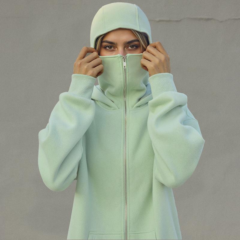 Trendy Queen Women's Stylish Balaclava Hoodie with Full-Face Mask - Casual Zip-Up Sweatshirt, Graphic Design, Perfect for Outdoor Activities| Fashionforward Hoodie | Durable Fabric Hoodie Tops Womenswear