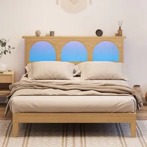 Boho Full Size Wooden Platform Bed, Chic Rattan Framed Headboard with Smart RGB LED & Built-In Storage, Breathable Sturdy Wood Slat Support, Generous Under Bed Storage Space, Smooth Easy Assembly, Stylish Boho Bedroom Essential, No Box Spring Needed