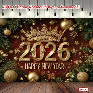 2026 Polyester Flat Banner - 1pc Festive Party Decoration, Shimmer Wall Backdrop, Wall Hanging with 2D Large Number & Golden-Red Balloon Border, Durable Non-Self-Lit Banner for Weddings, Birthday Parties