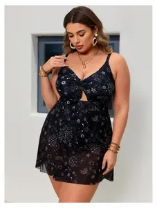 Plus Size Swimsuit Women Black White Printed Mesh One Piece Bikini Bathing Suit Tummy Control Swimwear 14W-22W
