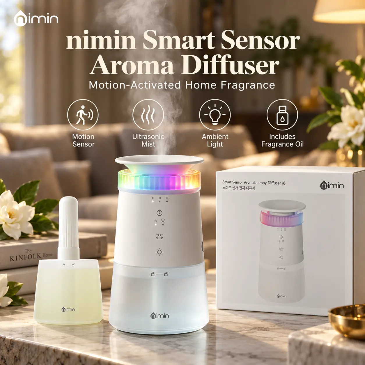 Nimin Smart Motion-Activated Home Fragrance Diffuser - 280ml, 1500mah Wireless Rechargeable, Waterless, 4 Modes, Mood Light, Premium Dandelion Scent Oil Refills, Motion Sense, Smart Control Scented Oil Diffusers Fragrance incense