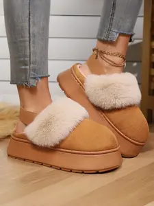 Women’s Fashion Plush Lined Faux Suede Snow Slippers – Cozy Warm Soft Slip-On Mules with Back Strap, Lightweight Thickened Platform Sole, Durable & Comfortable, Indoor Outdoor Winter House Shoes, Perfect for Home, Bedroom, Walking & Gift