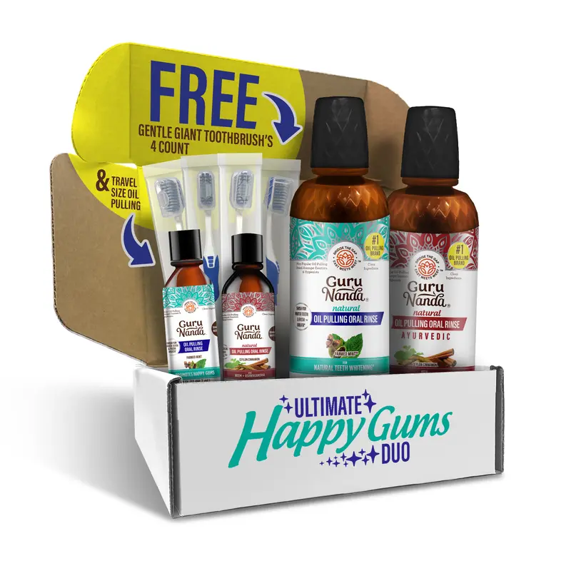 Ultimate Happy Gums Duo - GuruNanda 16oz Cocomint & Ashwagandha Pulling Oil + 3oz Cocomint & Ashwagandha Pulling Oil + 4 pack Gentle Giant Toothbrush