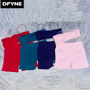 DFYNE Seamless 2 Piece Workout Set for Women - Straight Neck Bandeau Sports Bra and High Waisted Scrunch Booty Shorts Matching Yoga Outfit