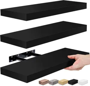 Floating Shelves for Wall - Set of 3 Black Wood Shelves for Living Room, Kitchen, Bedroom, Bathroom Storage - 16" Book Shelf for Wall Decor, Home Decor, Farmhouse, Frames & Trophy Display