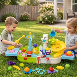 Kids Water Table Toy Sink Foldable Playset with Slide, Faucet, Animal Figures, Fishing Toys and Play Food, Interactive Toddler Water Play Table for Indoor Outdoor