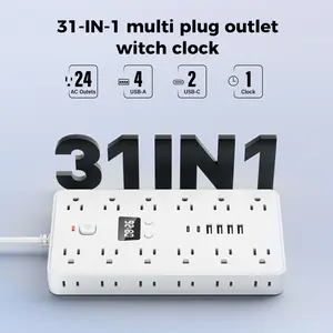 31-IN-1 Multi Plug Outlet with Clock 24 AC Outlets 4 USB-A 2 USB-C Smart Power Strip Overload Protection, Power Outlet - Ideal for Home And Office Desktop Charging