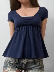 Women's Y2K Casual Knit Top, Short Sleeve Slim-Fitting A-Line Design, Summer Fashion Without Collar or Buttons, Solid Color, Womenswear