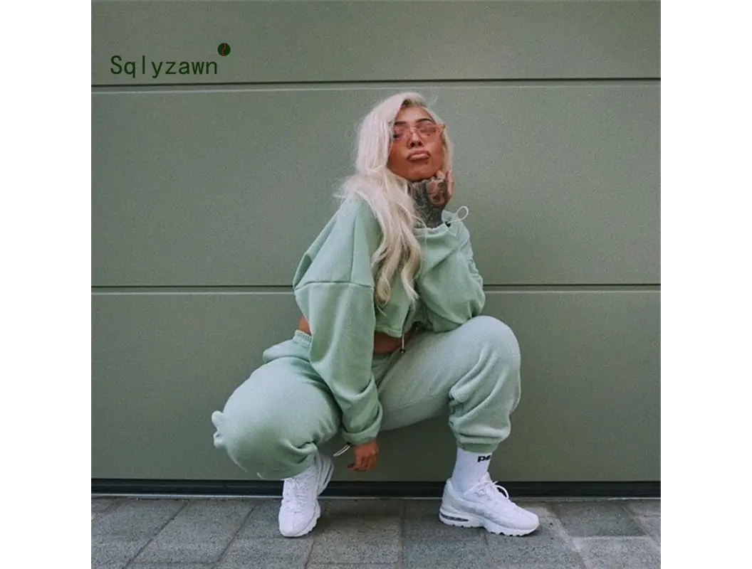 2 Piece Set Women Oversized Sweatshirt Set Autumn Sportwear Solid Tracksuit Sweatpants Set Casual Female Suit Short Sweatshirts