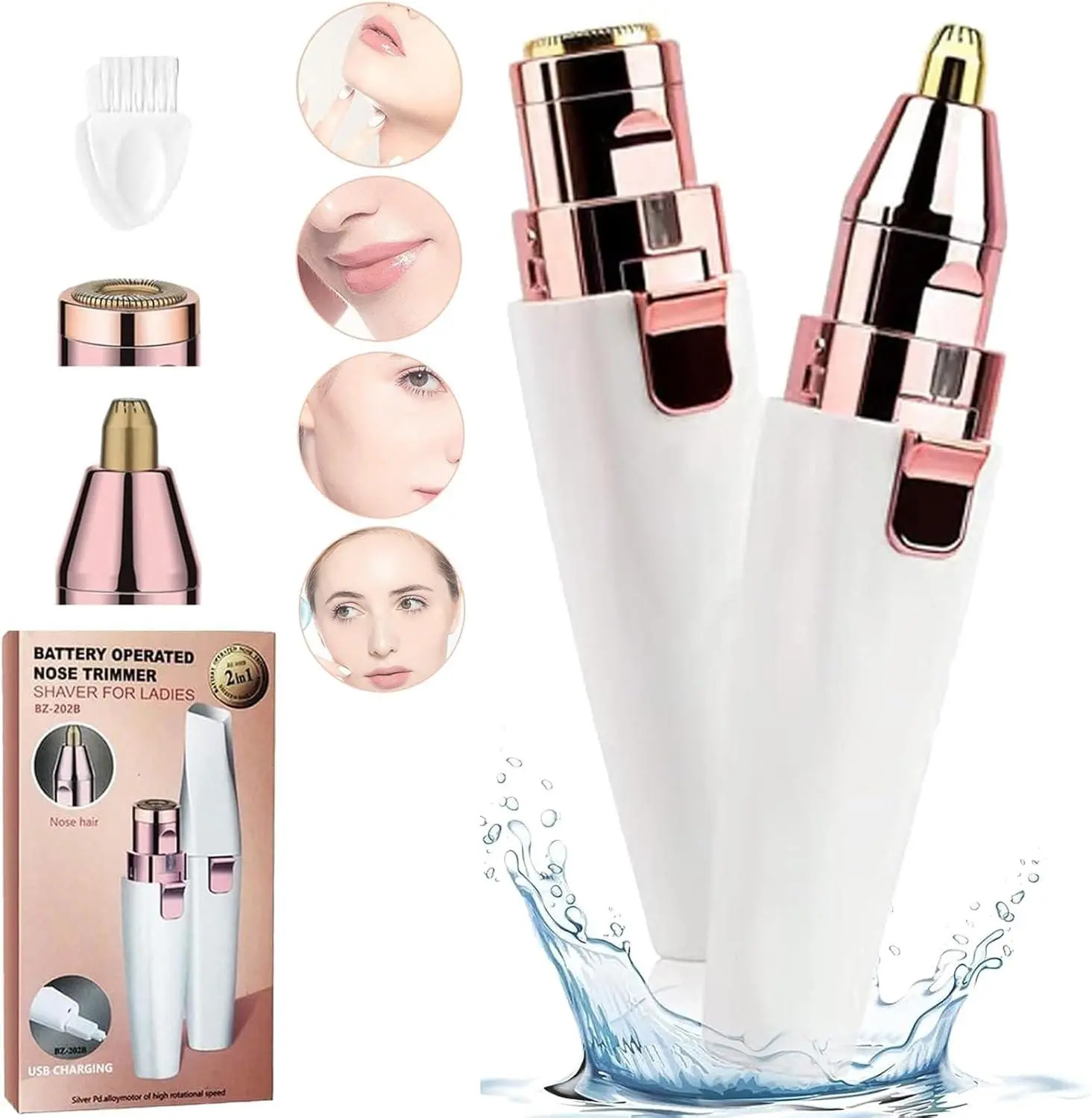 2 in 1 Rechargeable Facial Hair Remover for Women, Painless Electric Eyebrow & Nose Hair Trimmer, Portable Face Shaver for Peach Fuzz, Chin, Lips, Body Hair Removal