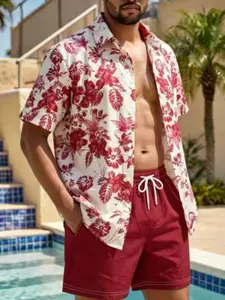 Manfinity RSRT Men's Slim Fit Summer Tropical Vibe Beach Vacation Print Shirt And Shorts Set Men Short Sets Vacation Men Shirt And Shorts