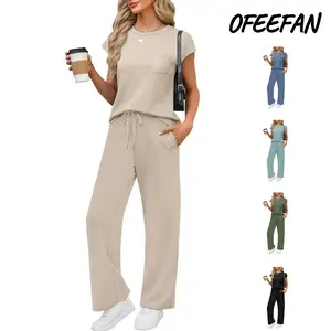 OFEEFAN 2 Piece Sets for Women Casual Summer Travel Vacation Outfits Cap Sleeve Lounge Set Chic Crewneck Soft Silky Breathable Clothes