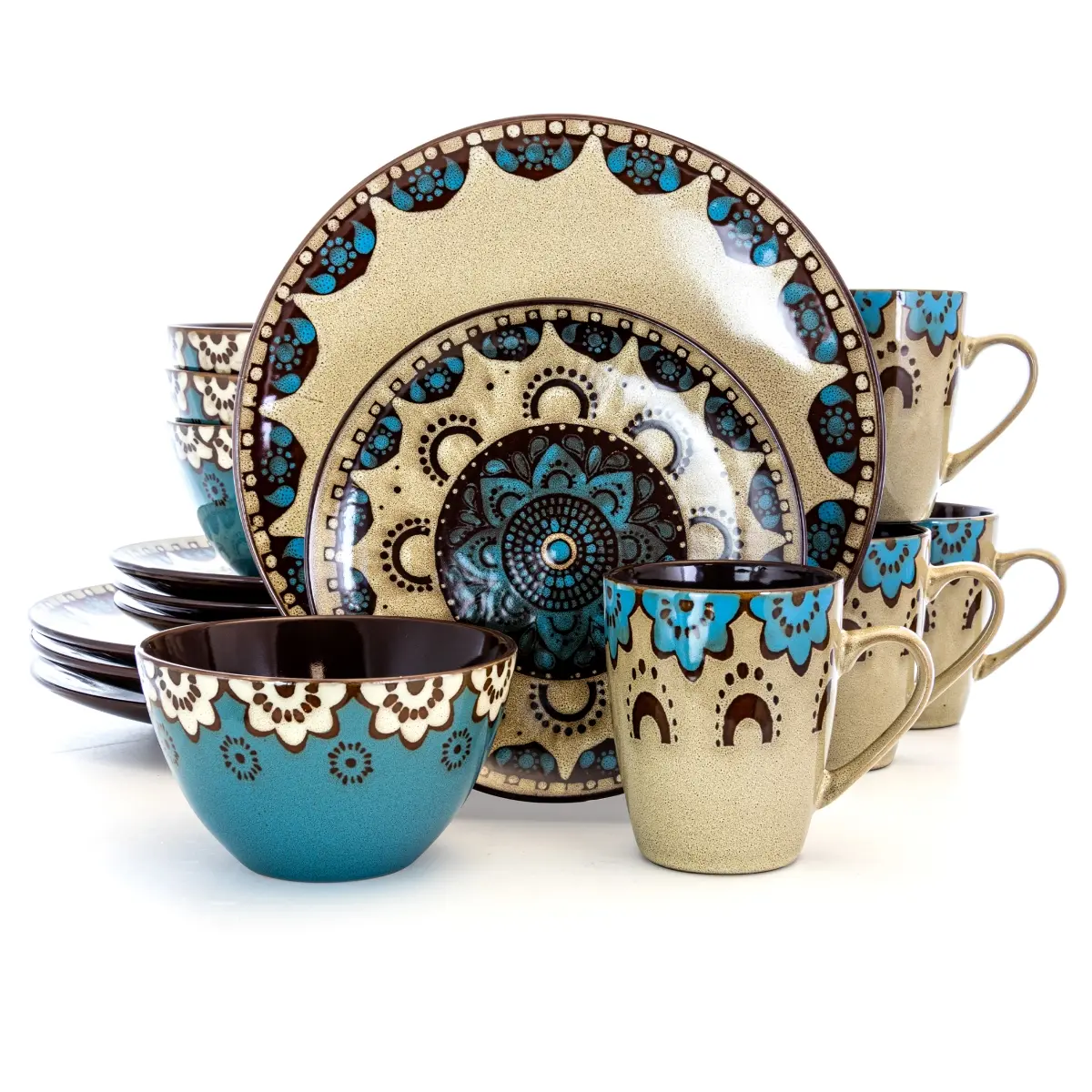 212 MAIN 16-Piece Unique Clay Heart Dinnerware Set - Tan & Blue Stoneware, Microwave-Safe Plates, Dishes, Cutlery, Clay Dinner Sets (Elama EL-CLAYHEART16), Dinnerware Sets