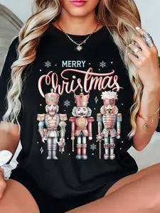 100% Cotton Unisex 1pc Women'S Casual Christmas Nutcracker Print T-Shirt, Round Neck Short Sleeve Top, Cotton Fabric, Regular Length, Festive Graphic Tee for All Seasons