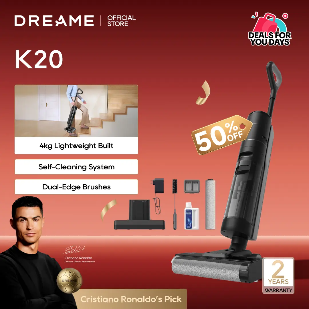 【New Arrival】Dreame K20 cordless wet and dry vacuum with dual-edge brushes,  high-frequency mopping to clean wet and dry mess on hard floors efficiently with anti-tangling tech, lightweight design, self-propelled cleaning convenience