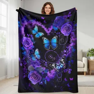 Purple Rose and Blue Butterfly Flannel Blanket  Vibrant Floral and Magical Night Sky Print  Soft Warm Cozy  Perfect for Bedroom  Living Room  Sofa  Romantic Gift  Relaxation  Home Decor