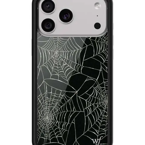 Itsy Bitsy Limited Edition Trendy Collab Handmade iPhone Case - Durable Shockproof Rubber Black Bumper, Black Background White Spider Cobwebs, Women-Owned Small Business Gift, Protective Custom Mobile Phone Accessory