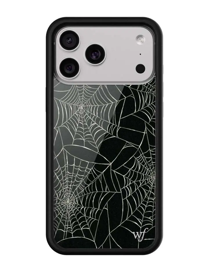 Itsy Bitsy Limited Edition Trendy Collab iPhone Cellphone Case - Shockproof Raised Black Bumper, Black Background White Spider Cobwebs, Women-Owned Small Business Gift for Her, Custom Handheld Device Accessory, Cover Casing